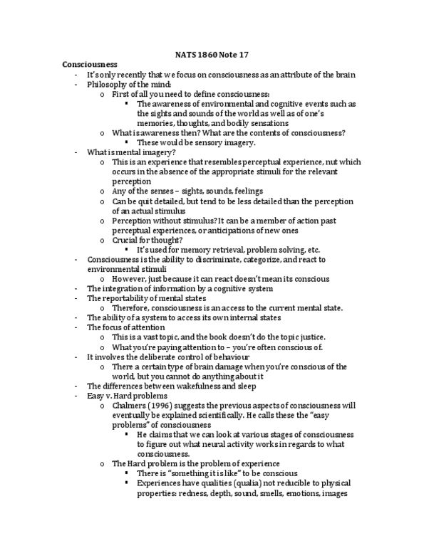 NATS 1860 Lecture Notes - Neural Correlates Of Consciousness, Global Workspace Theory, Blindsight thumbnail