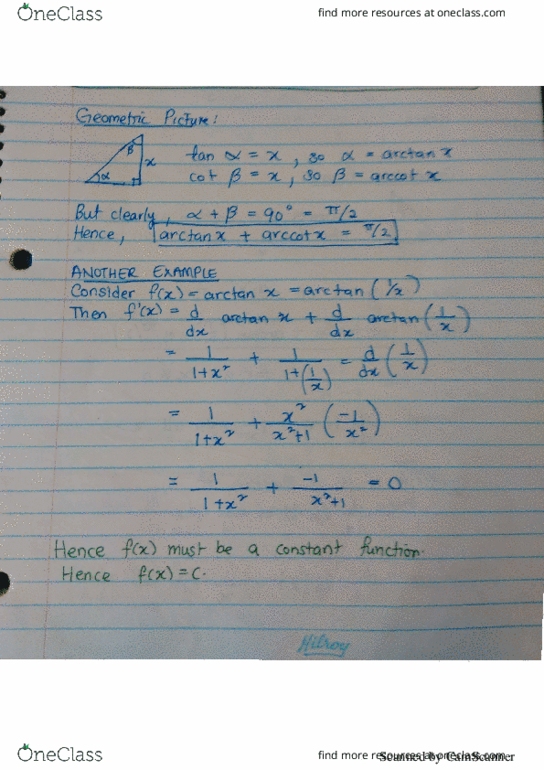 MAT135H1 Lecture Notes - Lecture 30: Inverse Trigonometric Functions thumbnail
