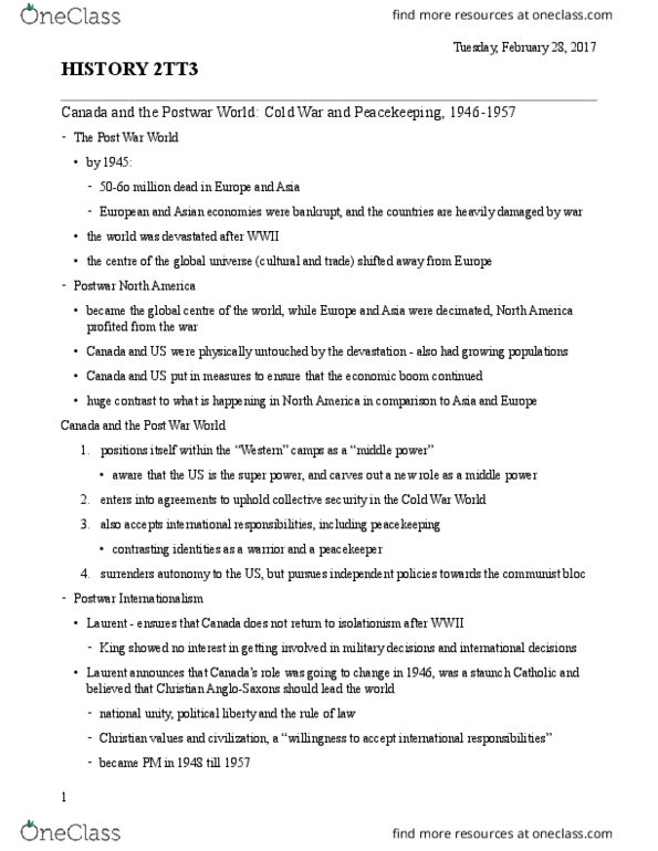 HISTORY 2TT3 Lecture Notes - Lecture 14: Treaty Of Brussels, United Nations Conference On International Organization, Lester B. Pearson thumbnail