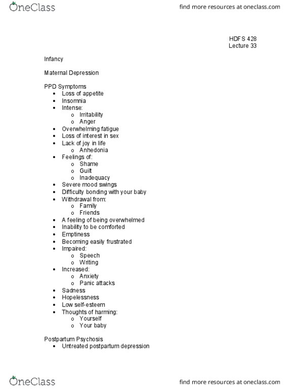 HD FS 428 Lecture Notes - Lecture 33: Miscarriage, Postpartum Psychosis, Postpartum Depression thumbnail