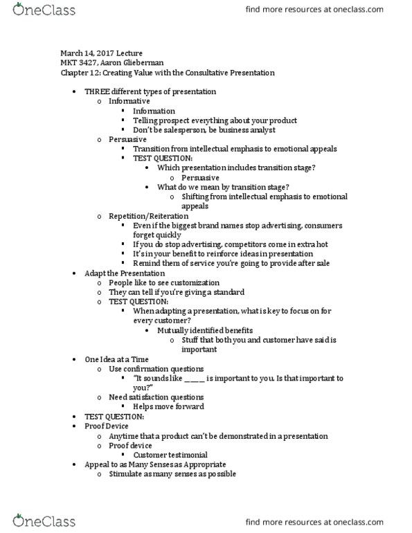 MKT 3427 Lecture Notes - Lecture 12: Contribution Margin, Opportunity Cost, Payback Period thumbnail