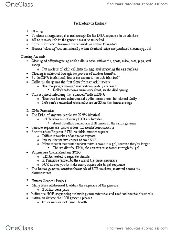 BIOL 115 Lecture Notes - Lecture 15: Homologous Chromosome, Crispr, Human Genome Project thumbnail