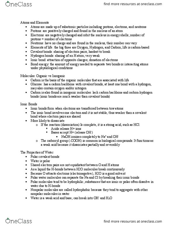 BIOL 115 Lecture Notes - Lecture 5: Tinkertoy, Electronegativity, Hydrophile thumbnail