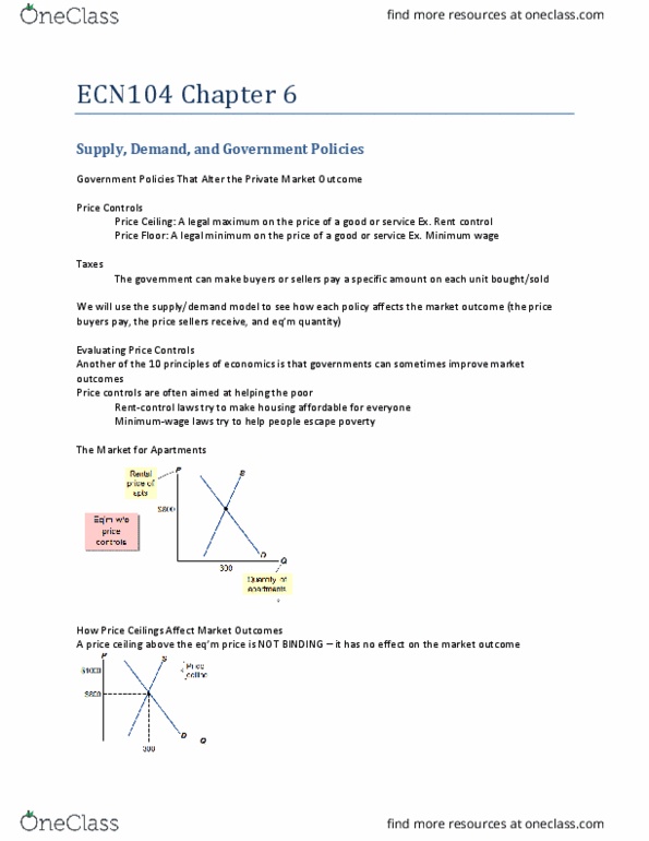 ECN 104 Lecture Notes - Lecture 6: Price Ceiling, Price Floor, Price Controls thumbnail