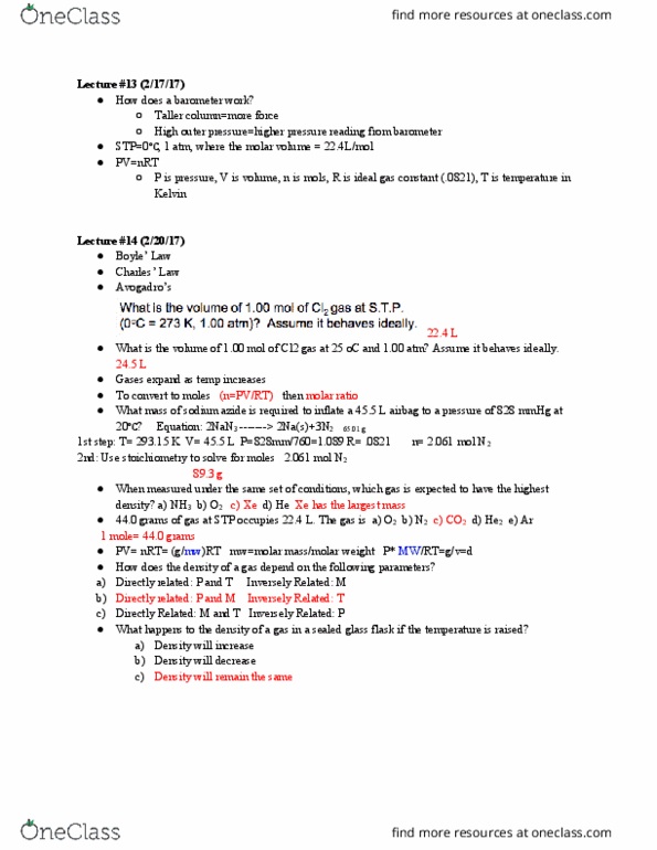 CHEM 103 Lecture Notes - Lecture 13: Stoichiometry, Gas Constant, Sodium Azide thumbnail