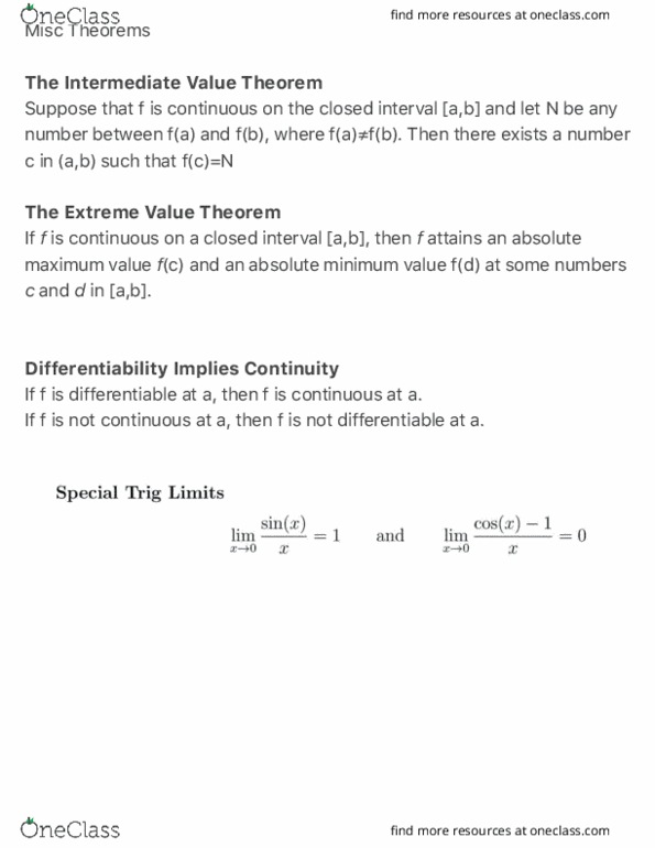 MATH 1271 Lecture Notes - Lecture 10: Intermediate Value Theorem thumbnail