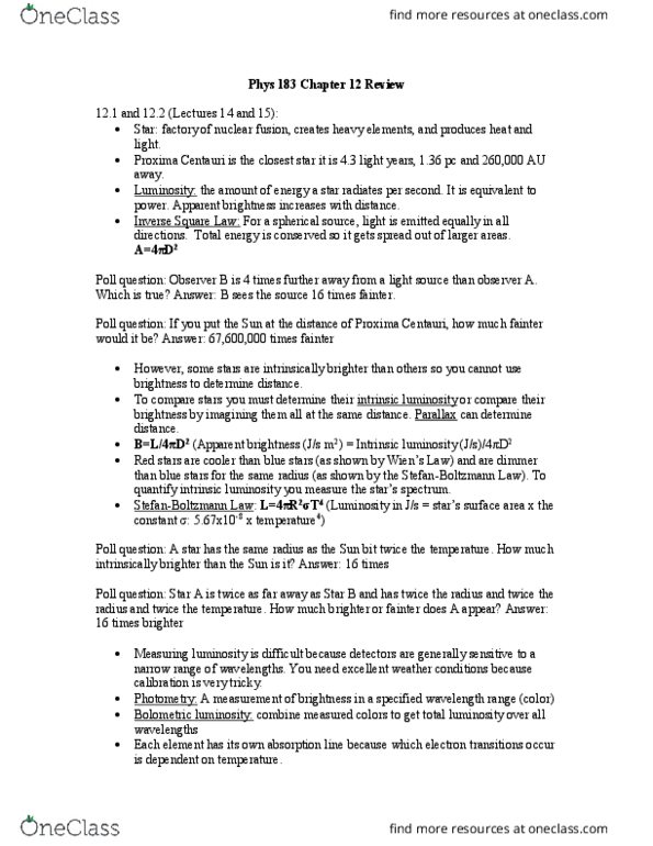 PHYS 183 Chapter Notes - Chapter Chapter 12 Review Guide (Lectures 14-18): Orbital Inclination, Minimum Mass, Main Sequence thumbnail