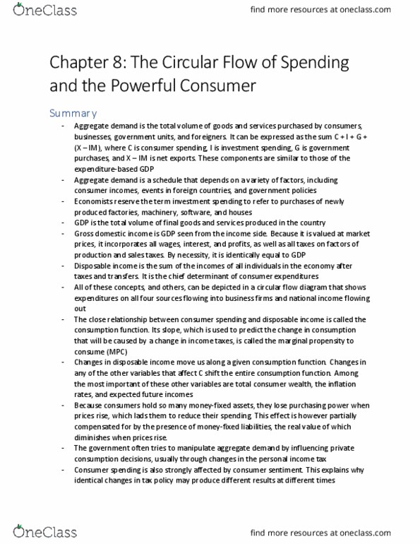 ECO 1302 Lecture Notes - Lecture 8: Consumption Function, Disposable And Discretionary Income, Consumer Spending thumbnail