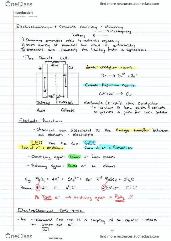 MAT E341 Lecture Notes - Lecture 1: Electrochemical Cell, Oxidizing Agent thumbnail