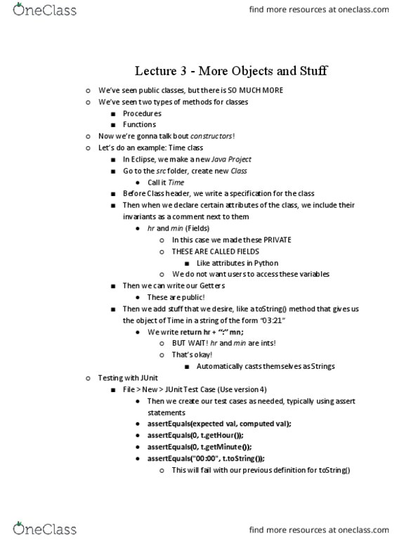 CS 2110 Lecture Notes - Lecture 3: Junit, Precondition, Class Invariant thumbnail