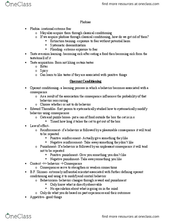 PSYC 11762 Lecture Notes - Lecture 14: Operant Conditioning, Edward Thorndike, Systematic Desensitization thumbnail