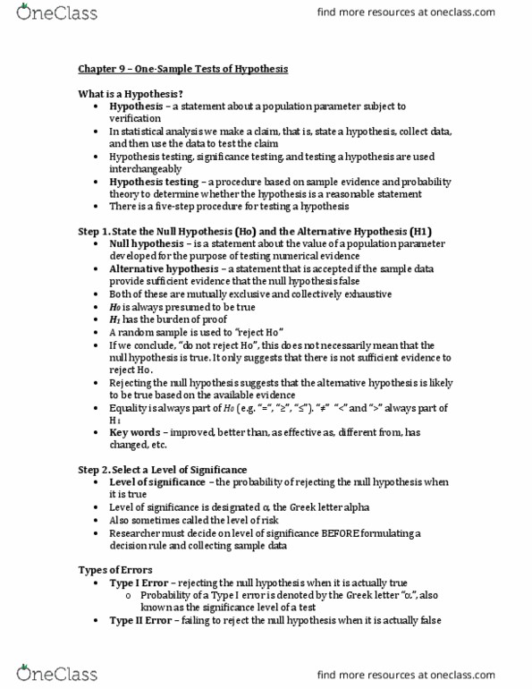 ECON 2200 Chapter Notes - Chapter 9: Alpha, Type I And Type Ii Errors, Null Hypothesis thumbnail