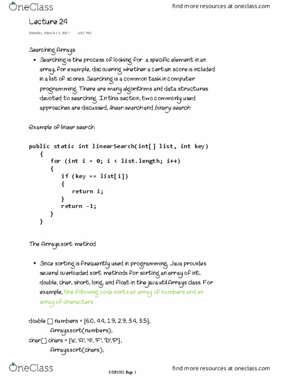 COP 3502 Lecture Notes - Lecture 24: Linear Search, Binary Search Algorithm thumbnail