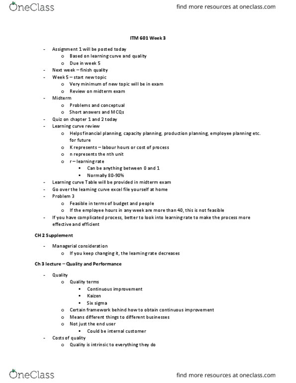 ITM 601 Lecture Notes - Lecture 3: Sample Size Determination, Acceptance Sampling, Supply Chain thumbnail