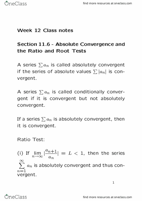 MATH 1ZA3 Lecture Notes - Lecture 6: Alternating Series Test, Ratio Test thumbnail