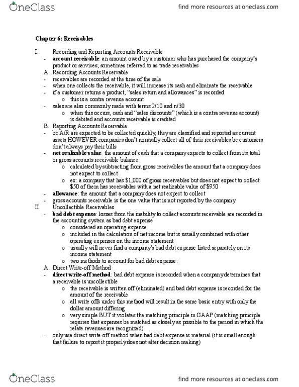 ACCT 211 Chapter 6: Chapter 6: Receivables thumbnail