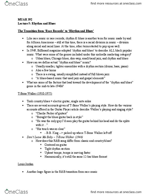 MUAR 392 Lecture Notes - Lecture 5: Rock And Roll, Jerry Wexler, Langston Hughes thumbnail