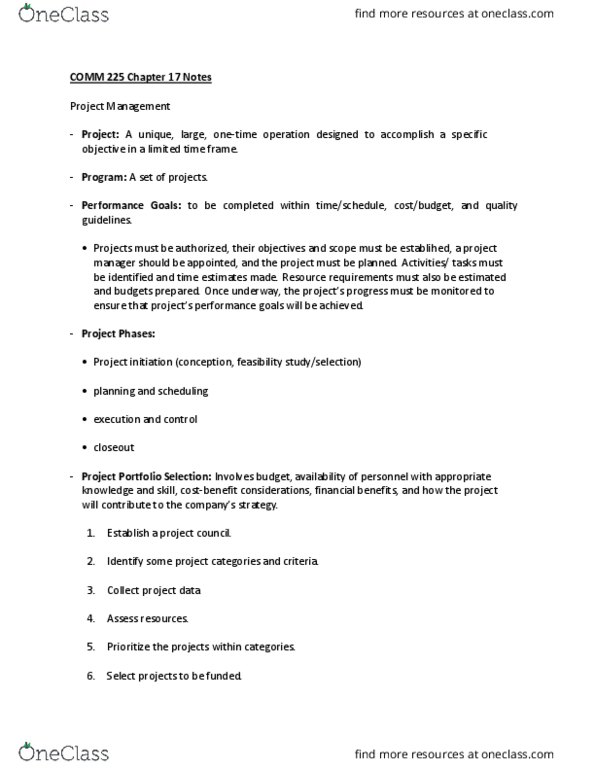 COMM 225 Chapter Notes - Chapter 17: Longest Path Problem, Critical Path Method, Gantt Chart thumbnail