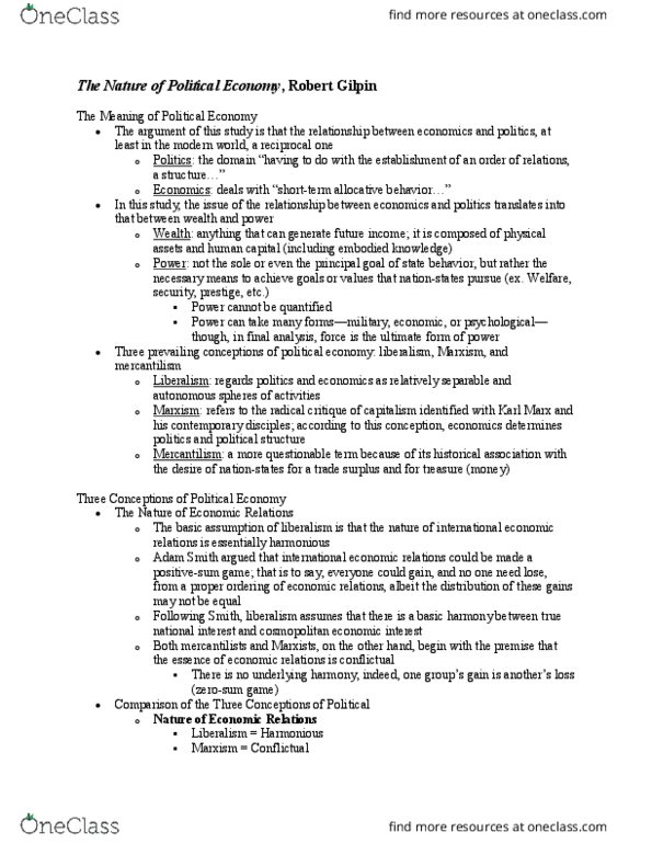 CAS IR 271 Chapter Notes - Chapter 9: Dynamic Equilibrium, Economic Liberalism, Robert Gilpin thumbnail