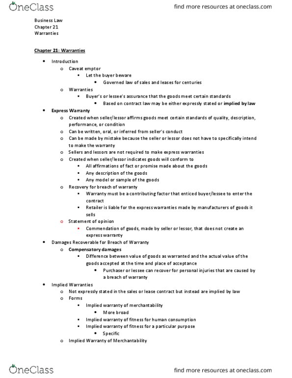 SCMA 323 Lecture Notes - Lecture 14: Implied Warranty, Caveat Emptor, Damages thumbnail