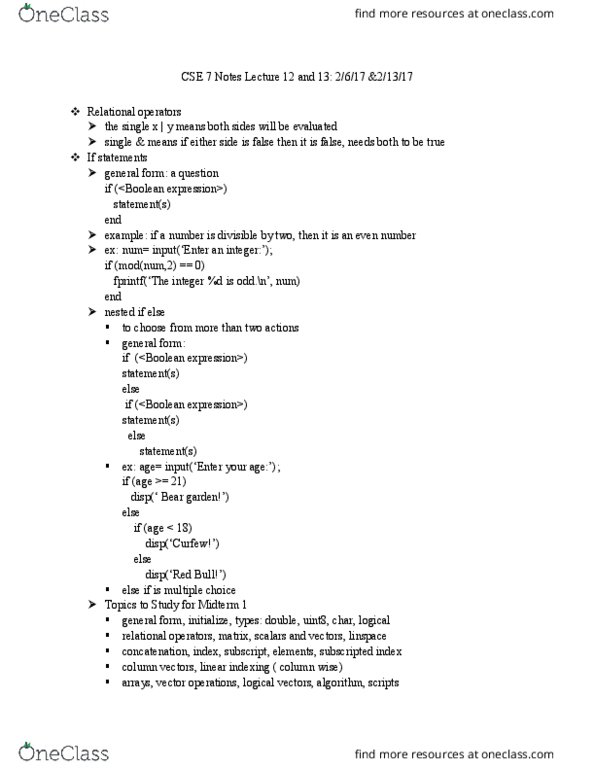 CSE 7 Lecture Notes - Lecture 12: For Loop, Boolean Expression, Size Function thumbnail