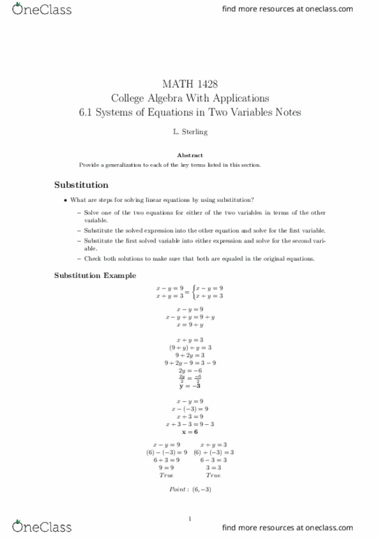 MATH-1428 Lecture 28: 6.1 Systems of Equations in Two Variables Notes thumbnail