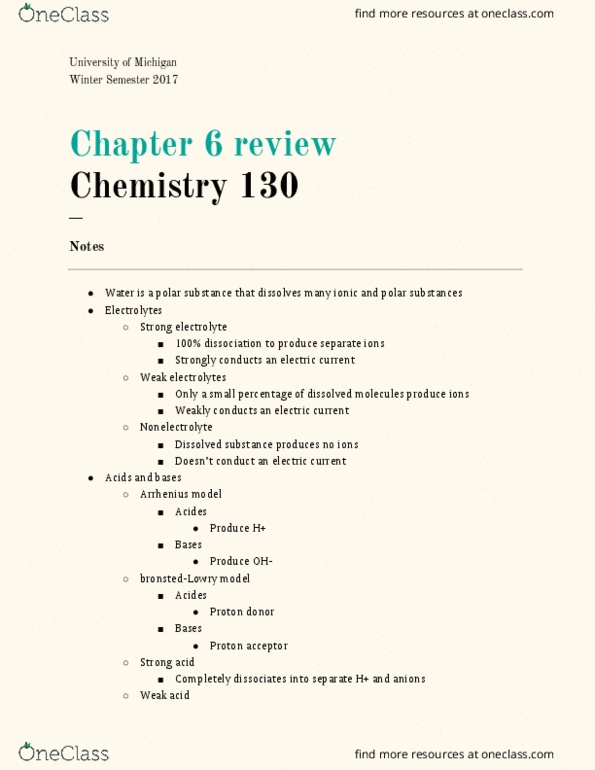 CHEM 130 Chapter Notes - Chapter 6: Reducing Agent, Oxidizing Agent, Strong Electrolyte thumbnail