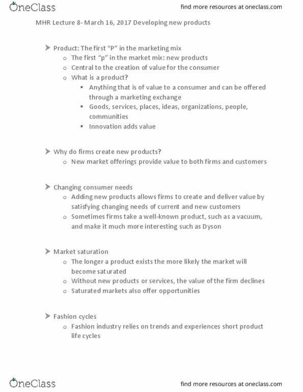 MKT 100 Lecture Notes - Lecture 8: Market Saturation, Marketing Mix thumbnail