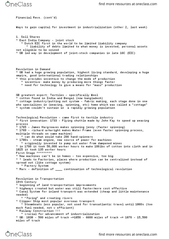 HST 211 Lecture Notes - Lecture 9: Spinning Jenny, Flying Shuttle, Water Frame thumbnail