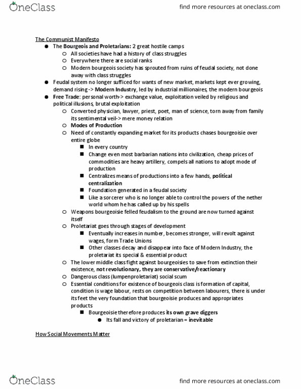 SOCIOL 1 Lecture Notes - Lecture 10: The Communist Manifesto, Lumpenproletariat, Wage Labour thumbnail