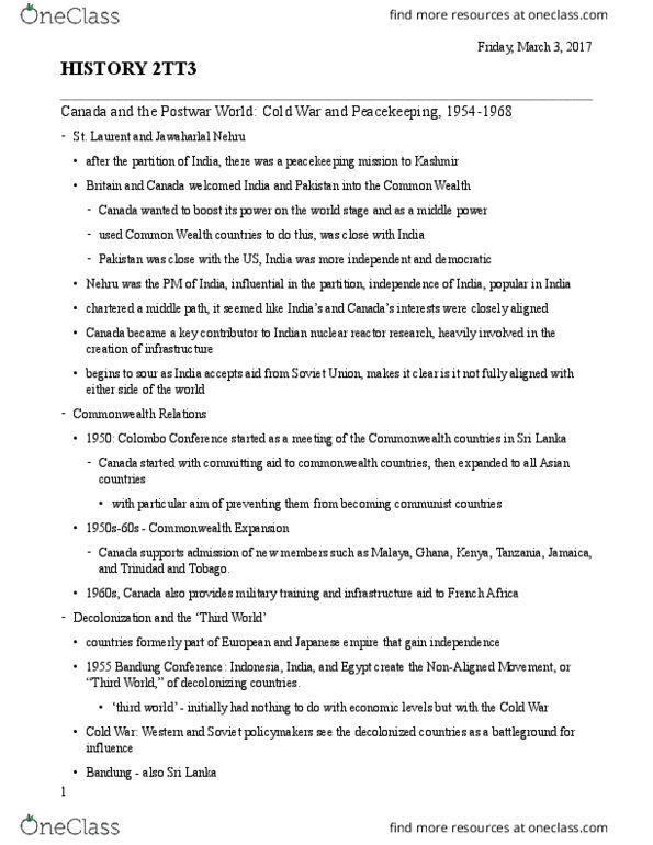 HISTORY 2TT3 Lecture Notes - Lecture 15: Cuban Missile Crisis, Fidel Castro, Global Governance thumbnail