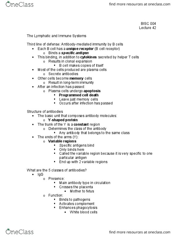 BI SC 004 Lecture Notes - Lecture 42: Immunoglobulin A, Immunoglobulin G, Immunoglobulin D thumbnail