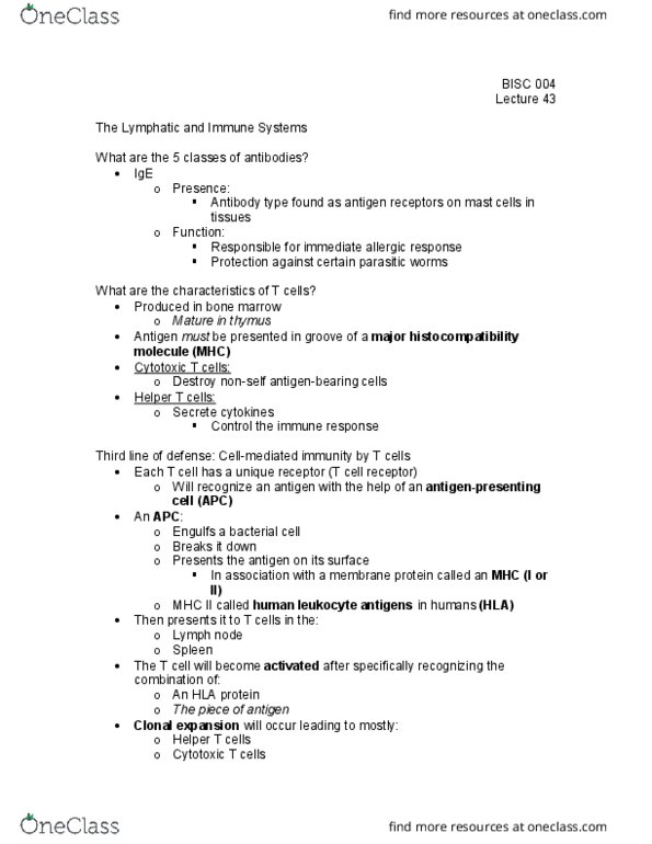 BI SC 004 Lecture Notes - Lecture 43: Mhc Class Ii, Lymph Node, Memory T Cell thumbnail