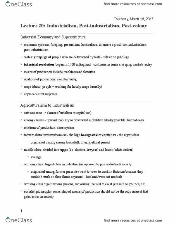 ANT100Y1 Lecture 20: Lecture 20 - Industrialism, Post-Industrialism, Postcolony thumbnail