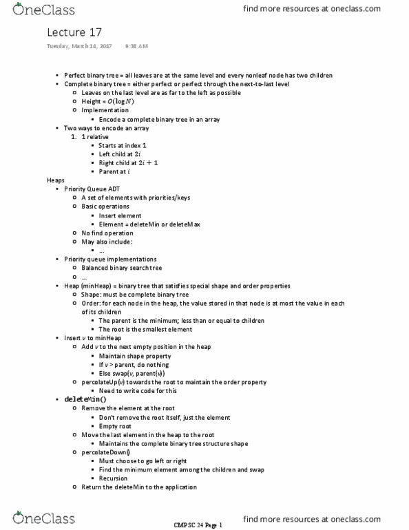 CMPSC 24 Lecture Notes - Lecture 17: Binary Tree, Binary Search Tree, Priority Queue thumbnail