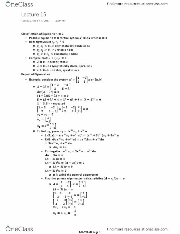 MATH 4B Lecture Notes - Lecture 15: Coefficient Matrix, Superposition Principle thumbnail