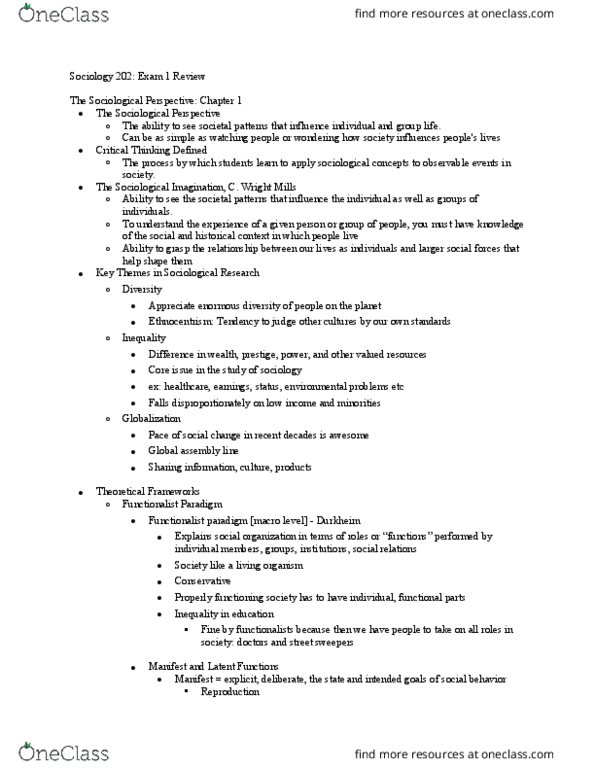 SOC 202 Chapter Notes - Chapter 1: The Sociological Imagination, Social Forces, Ethnocentrism thumbnail