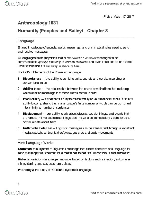ANTH 1031 Chapter Notes - Chapter 3: Phoneme, Arbitrariness, Linguistic Relativity thumbnail