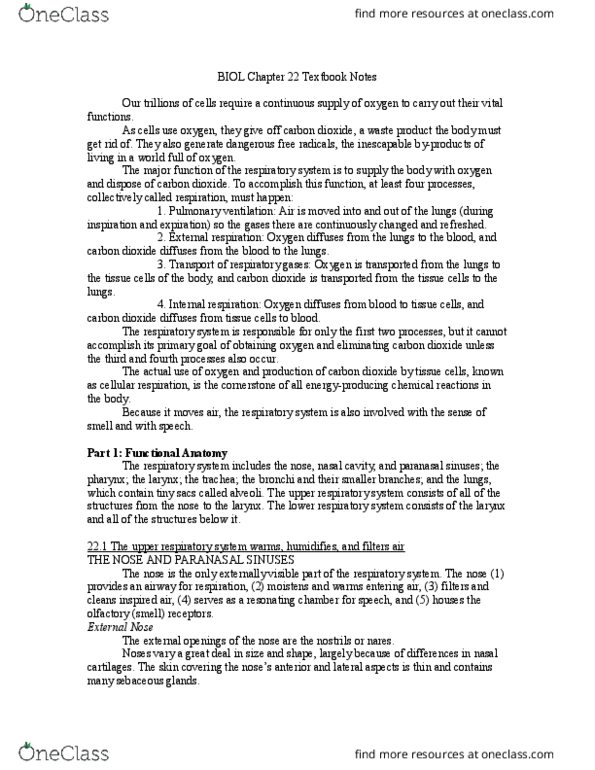 BIOL-2230 Chapter Notes - Chapter 22: Posterior Nasal Apertures, Alveolar Cells, Stratified Squamous Epithelium thumbnail