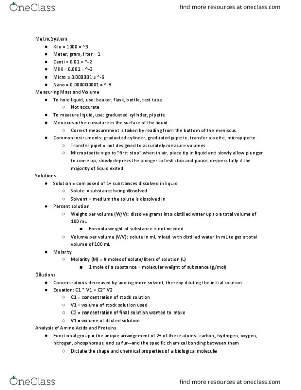 BIOL 1107 Lecture Notes - Lecture 1: Graduated Cylinder, Pipette, Biomolecule thumbnail