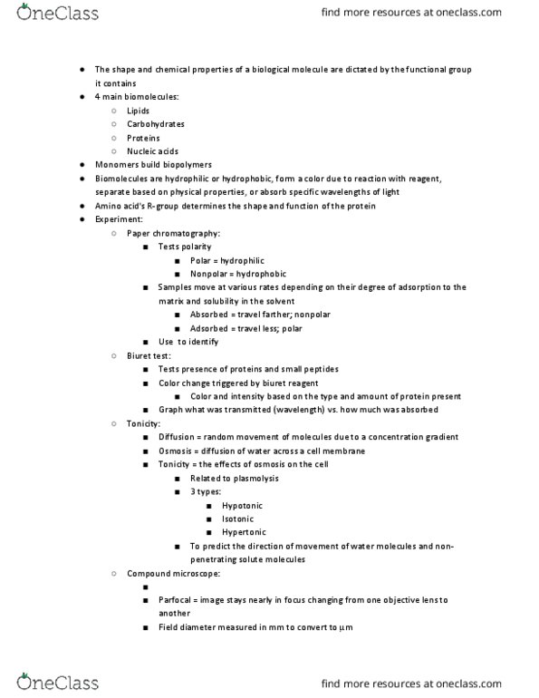 BIOL 1107 Lecture Notes - Lecture 2: Optical Microscope, Tonicity, Prokaryote thumbnail