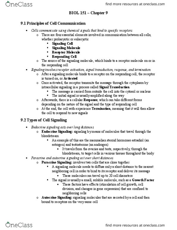 BIOL 151 Lecture Notes - Lecture 10: Autocrine Signalling, Transmembrane Protein, Protein Kinase A thumbnail