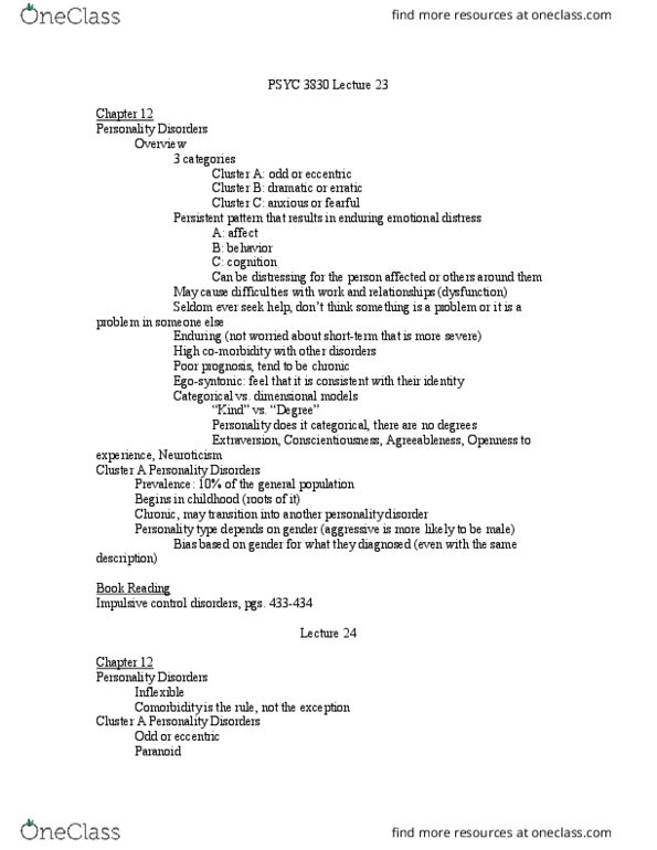 PSYCH 3830 Lecture Notes - Lecture 23: Personality Disorder, Egosyntonic And Egodystonic, Extraversion And Introversion thumbnail