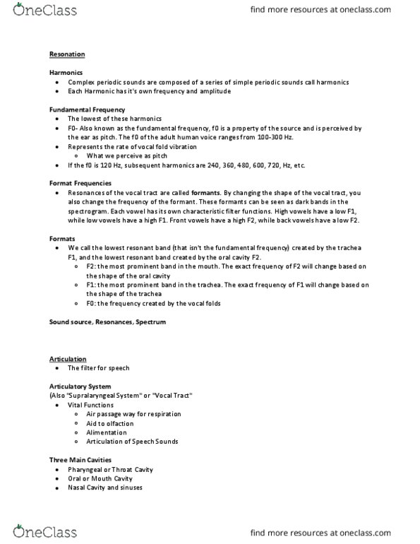 CSD 306K Lecture Notes - Lecture 18: Vocal Tract, Vocal Folds, Formant thumbnail