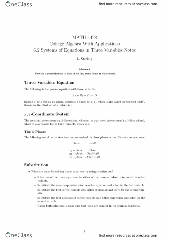 MATH-1428 Lecture 29: 6.2 Systems of Equations in Three Variables Notes thumbnail