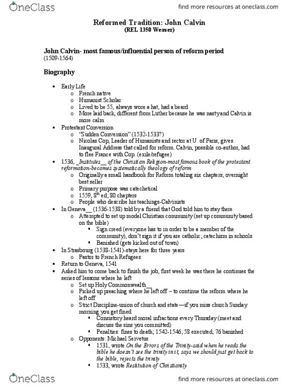 REL 1350 Lecture Notes - Lecture 13: Unconditional Election, Consubstantiation, Infant Baptism thumbnail