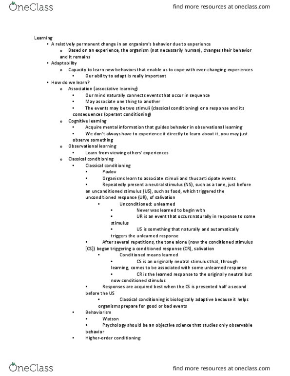 PSYC 111 Lecture Notes - Lecture 16: Observational Learning, Operant Conditioning, Reinforcement thumbnail