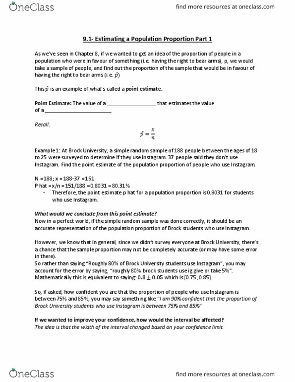 MATH 1F92 Lecture Notes - Lecture 2: Simple Random Sample, Point Estimation, Confidence Interval thumbnail