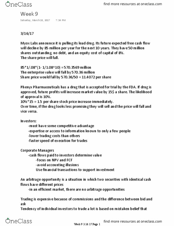 FINA 365 Lecture Notes - Lecture 9: Cash Flow, Net Present Value, Investment thumbnail