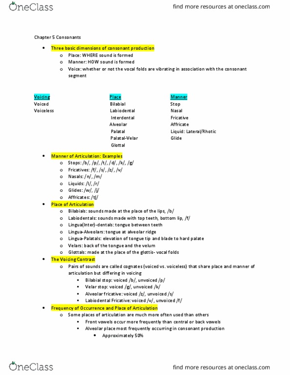 CSD-2361 Lecture Notes - Lecture 5: Affricate Consonant, Vocal Folds, Fricative Consonant thumbnail